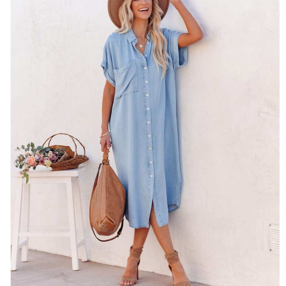 Vici Briley Pocketed Chambray Button Down Dress